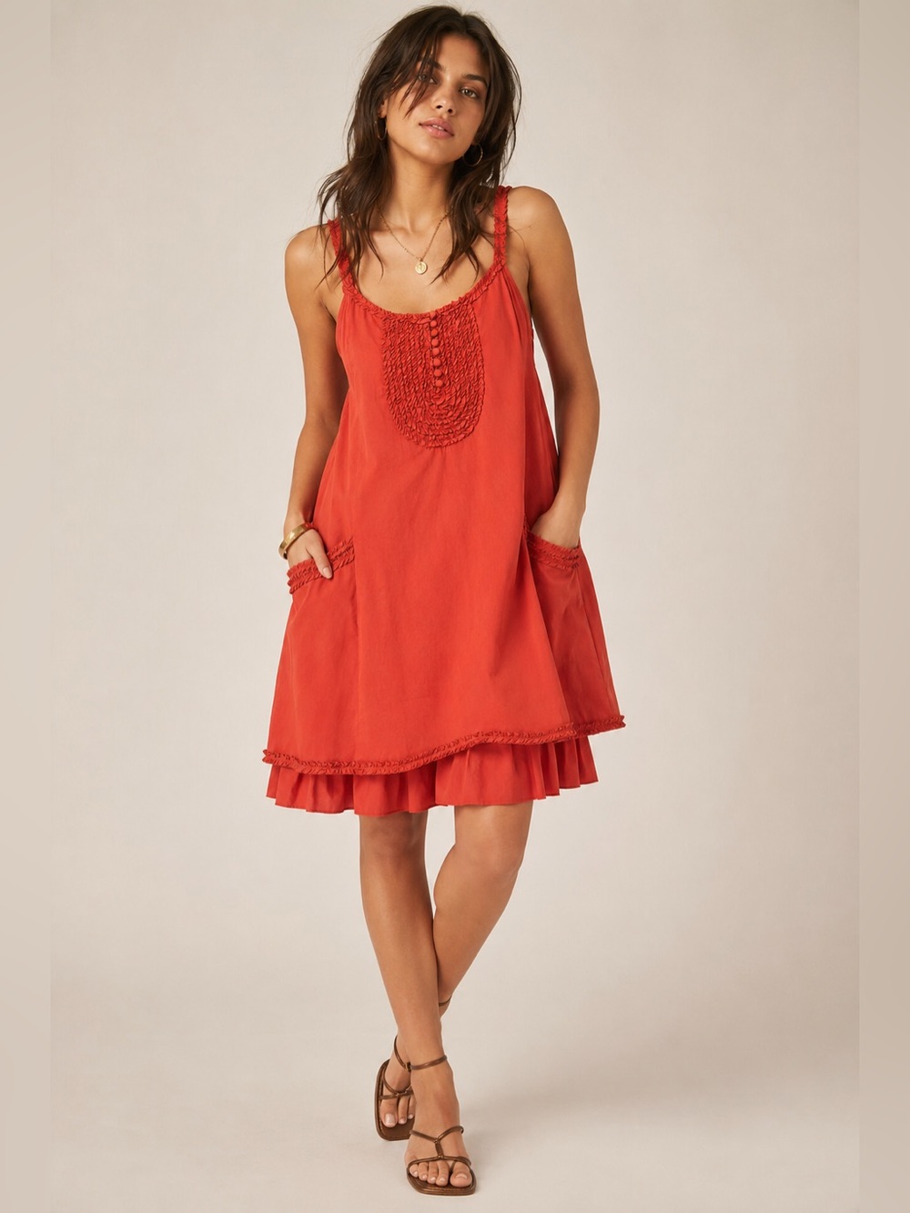 BCBGMAXAZRIA Red Orange Ruffle Trim Layered Mini Dress Size S